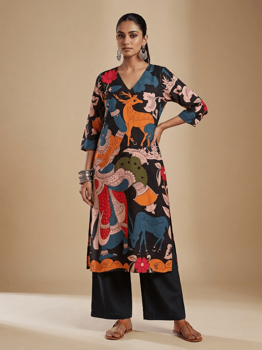 Blackkalamkari Printed Kurta Set