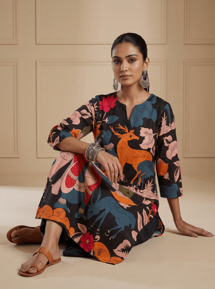 Blackkalamkari Printed Kurta Set view 3