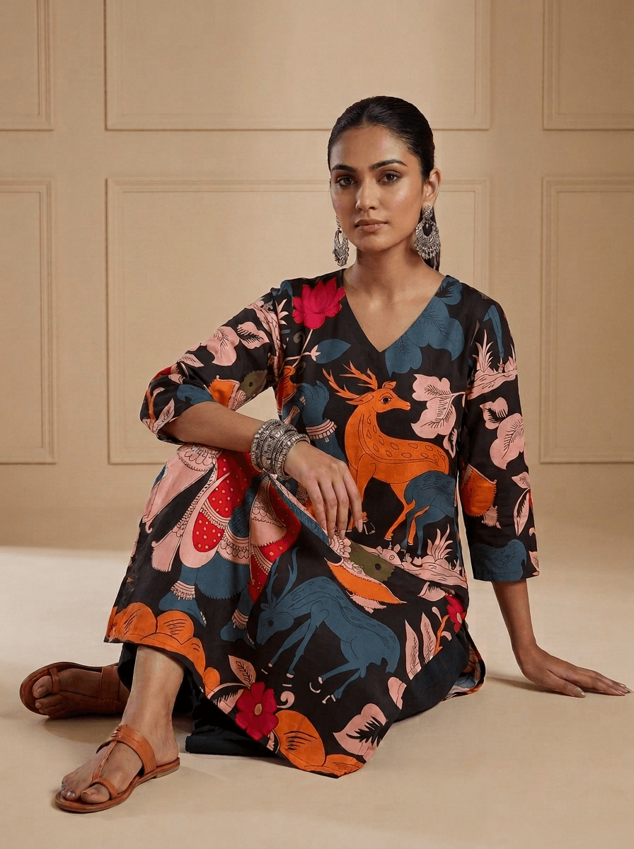 Blackkalamkari Printed Kurta Set view 4