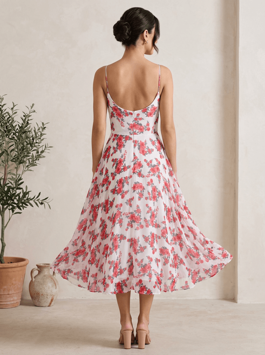 White & Red Floral Print Fit & Flare Dress alternate view