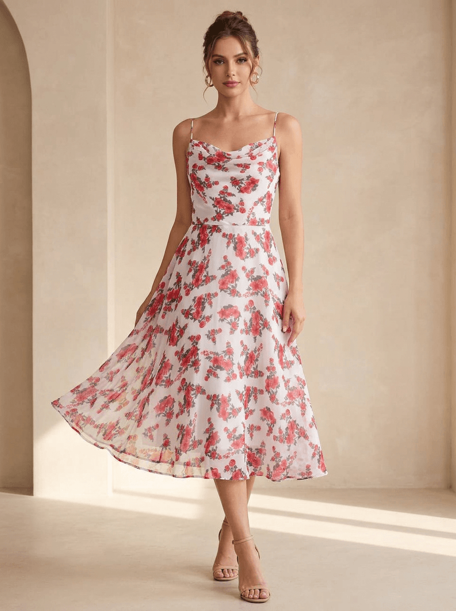 White & Red Floral Print Fit & Flare Dress view 3