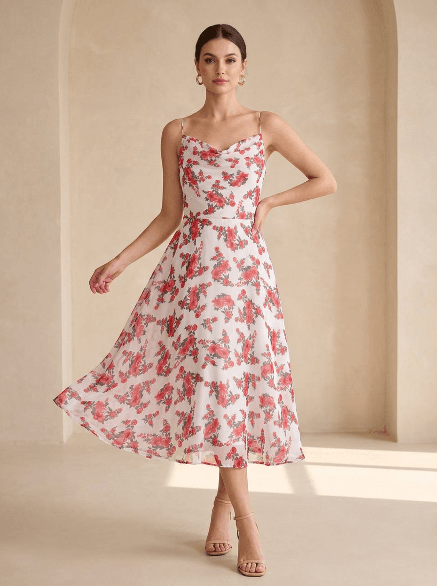 White & Red Floral Print Fit & Flare Dress view 4