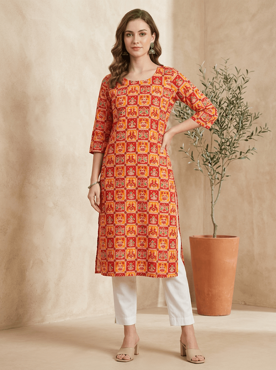 Orange Printed Straight Kurta