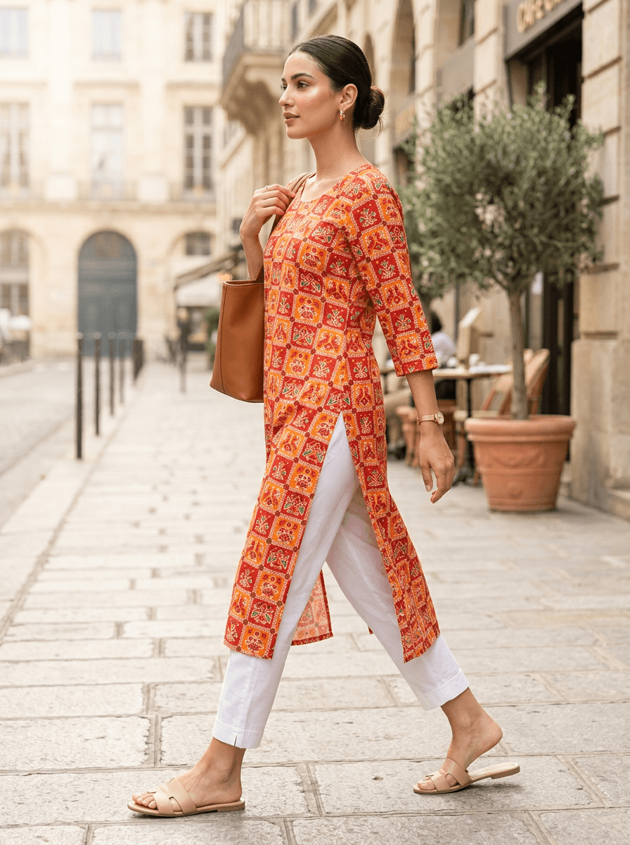 Orange Printed Straight Kurta alternate view