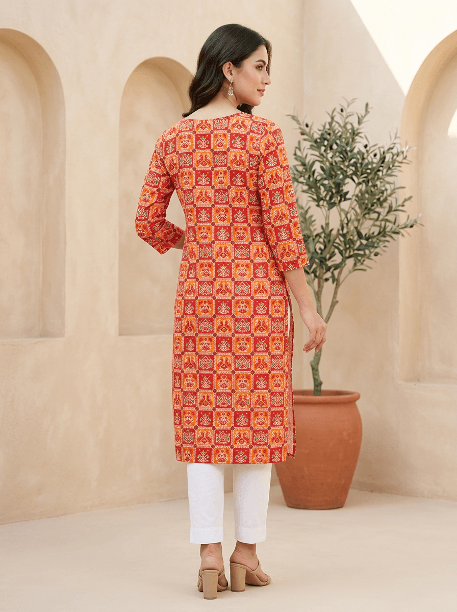 Orange Printed Straight Kurta view 3