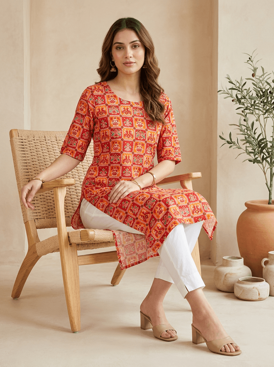 Orange Printed Straight Kurta view 4