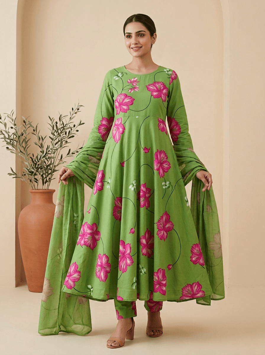 Green Floral Anarkali Suit Set