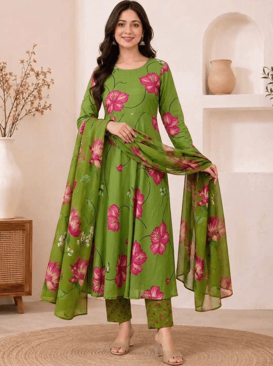 Green Floral Anarkali Suit Set alternate view