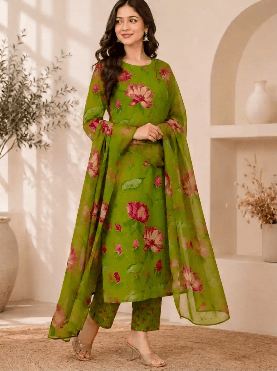 Green Floral Anarkali Suit Set view 4