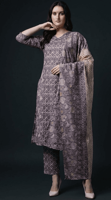 Lavender Digital Geometric Printed Cotton Kurta Pant & Dupatta Set