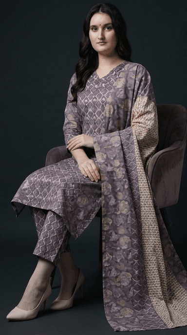 Lavender Digital Geometric Printed Cotton Kurta Pant & Dupatta Set alternate view