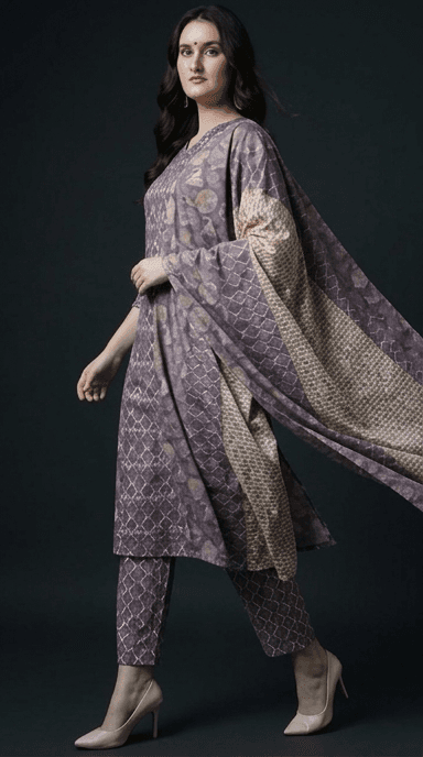 Lavender Digital Geometric Printed Cotton Kurta Pant & Dupatta Set view 4